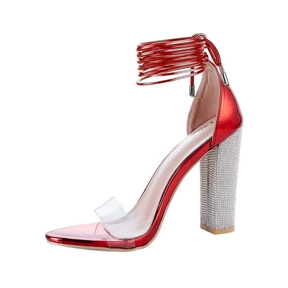 Red High Heels Sandals with Rhinestone Block Heel & Strappy Adjustable Ankle - Picture 4 of 10